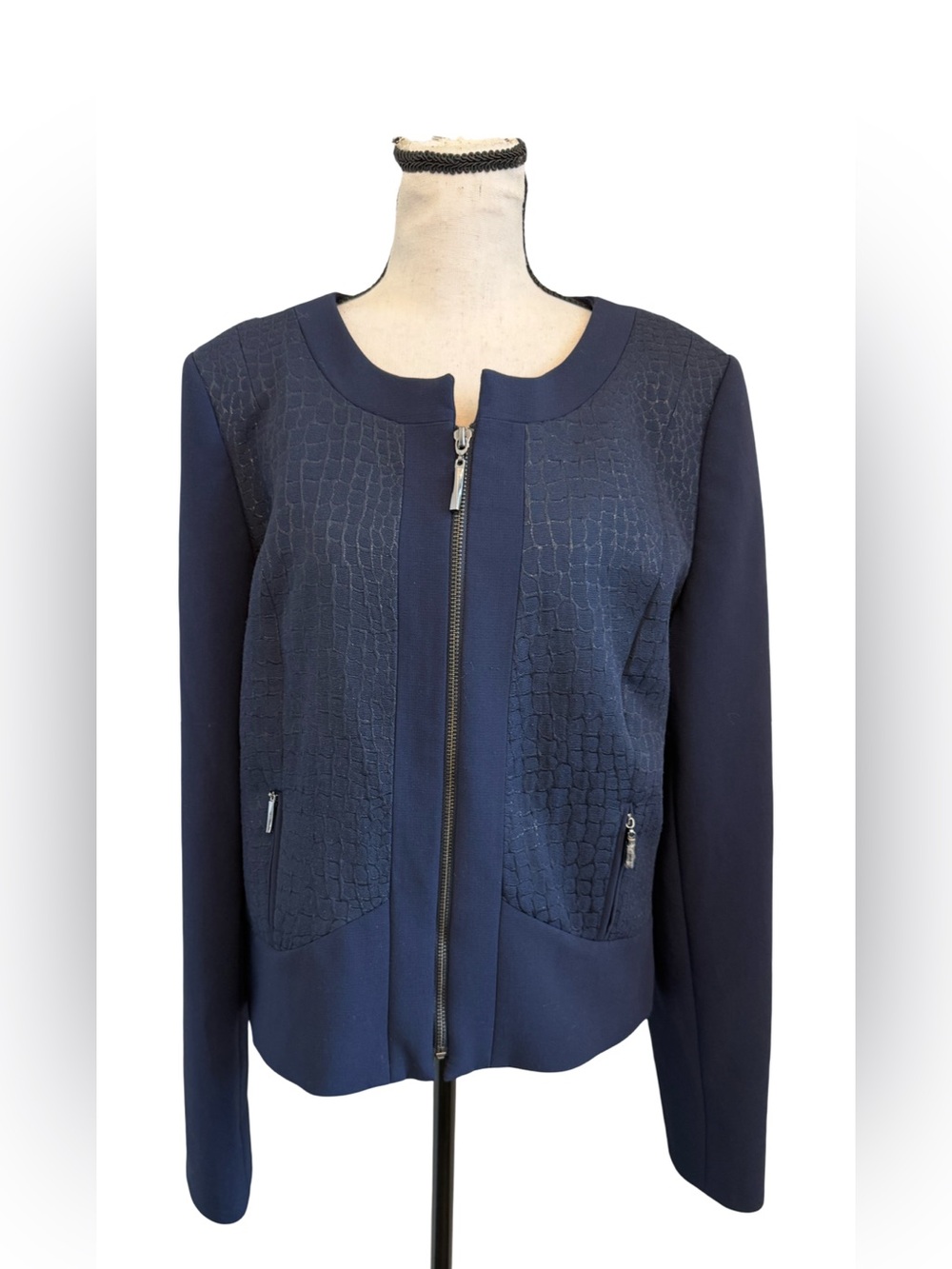 Mary Kay Navy Blue Zip Front Jacket Textured Crocodile Embossed Detail 14 Tall